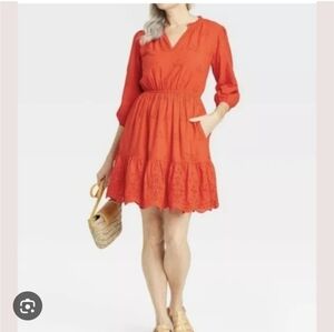 Knox Rose Red-orange Eyelet V-neck Mini Dress With 3/4 Lenght Bishop Sleeves L